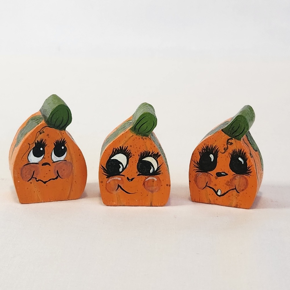 Trio of Tiny Hand Painted Wood Pumpkin Figurines Set of 3 Fall Decor‎